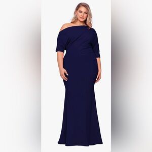 Betsy & Adam Off the Shoulder Navy Fit and Flare Dress
